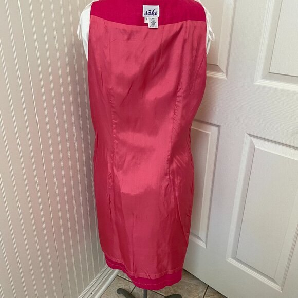 SAKE 100% LINEN BUTTON FRONT SLEEVELESS SHEATH DRESS, FUSHIA, SIZE 10 - Picture 5 of 7